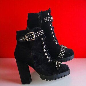 Black Velvet Studded Heeled Ankle Women's Boots Buckle Straps & Side Zipper-37